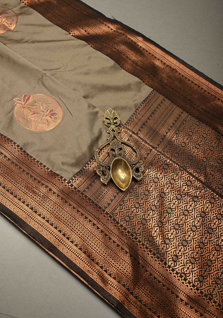 Dark Grayish Brown Kanchi Semi Silk Saree with Meenakari  Mandala Buttas and Contrast Antique Zari Border | SHOBITAM