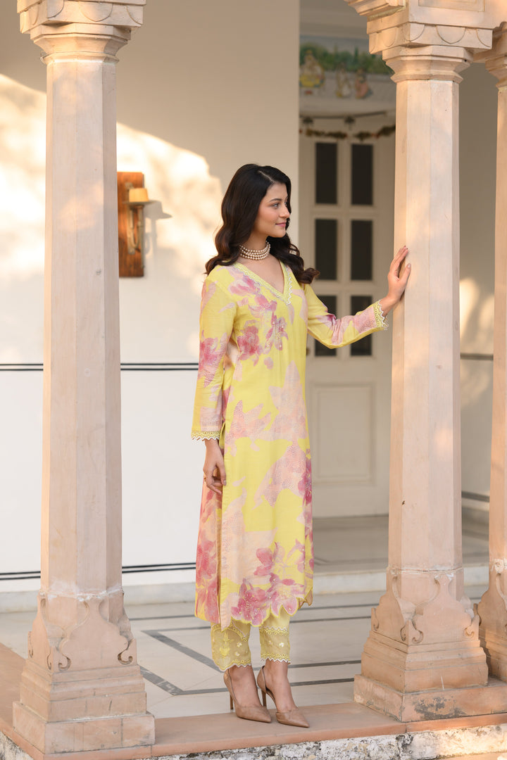 Yellow and Peach Cut Work Scallope Muslin Kurta with Organza Border Embroidered Scallope Pant Set | SHOBITAM