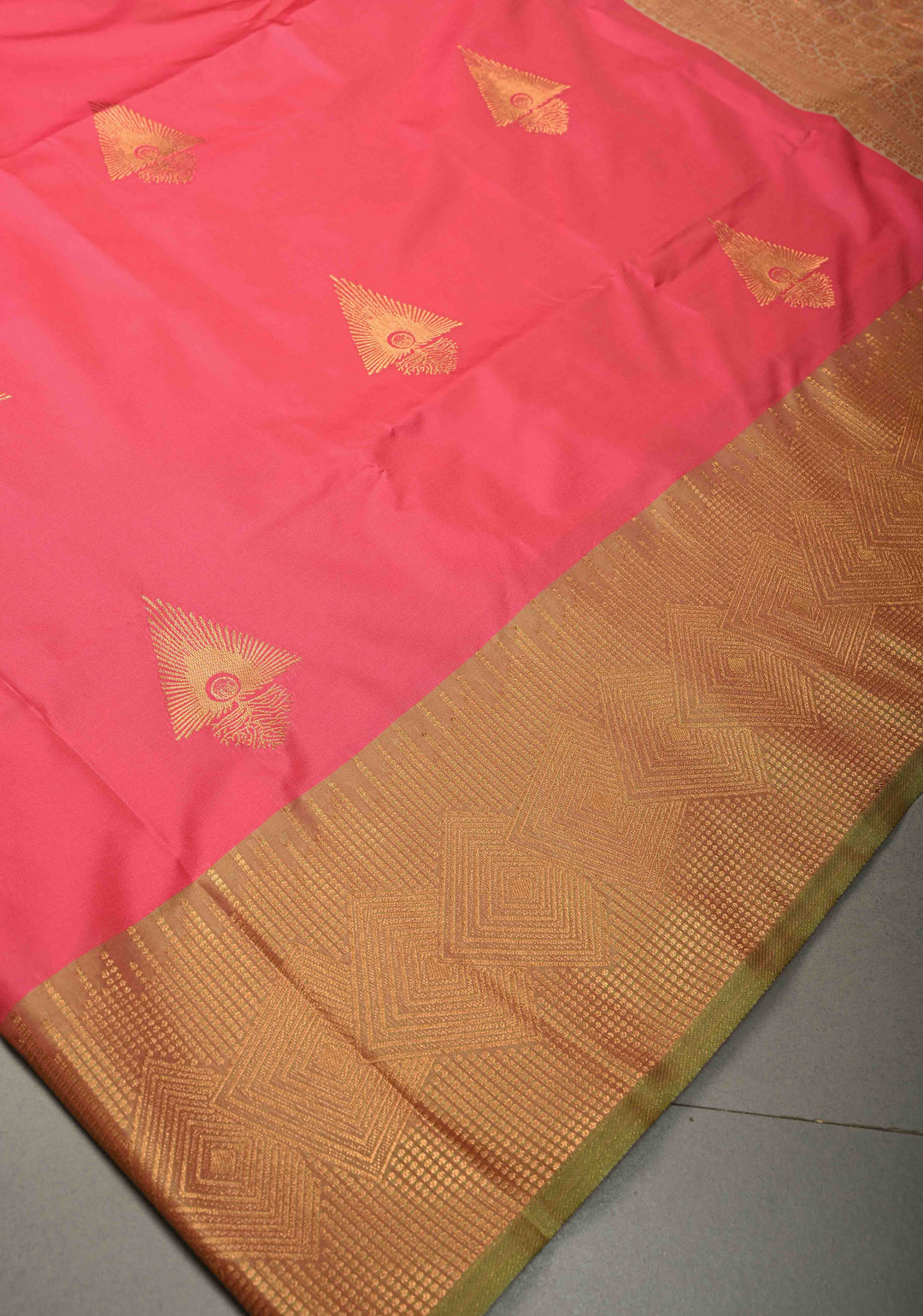 French Rose Kanchi Semi Silk Saree with Zari Buttas and Contrast Zari Border | SHOBITAM