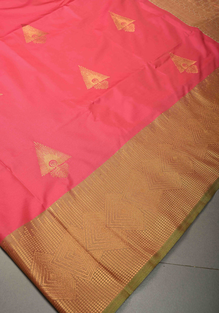 French Rose Kanchi Semi Silk Saree with Zari Buttas and Contrast Zari Border | SHOBITAM