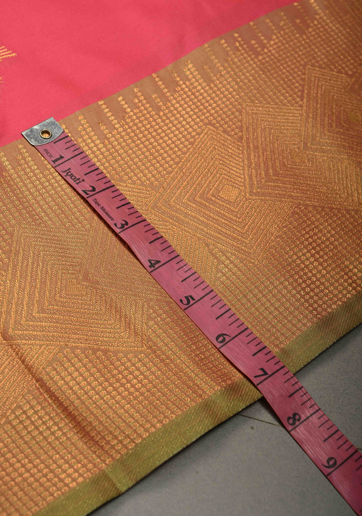 French Rose Kanchi Semi Silk Saree with Zari Buttas and Contrast Zari Border | SHOBITAM