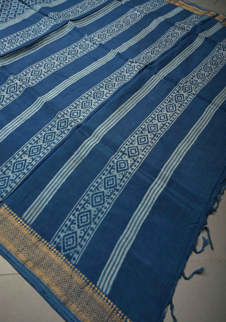 Indigo Mangalagiri Cotton Saree with Geometric Bagru Hand Block Print and Nizam Zari Border