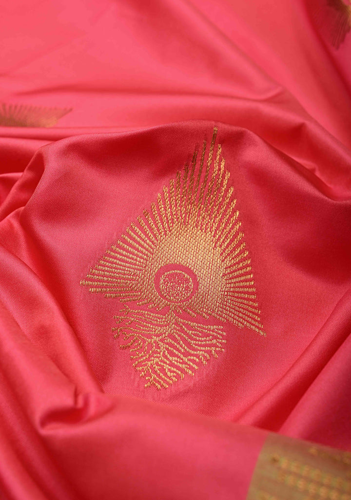 French Rose Kanchi Semi Silk Saree with Zari Buttas and Contrast Zari Border | SHOBITAM