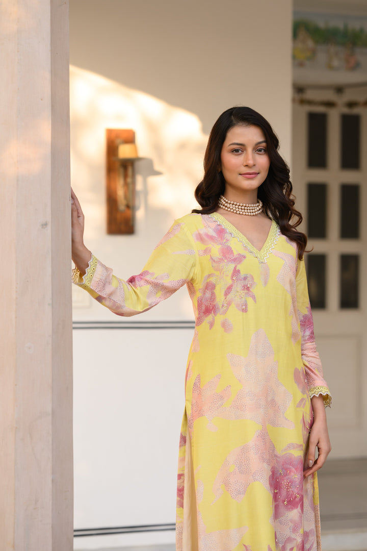 Yellow and Peach Cut Work Scallope Muslin Kurta with Organza Border Embroidered Scallope Pant Set | SHOBITAM