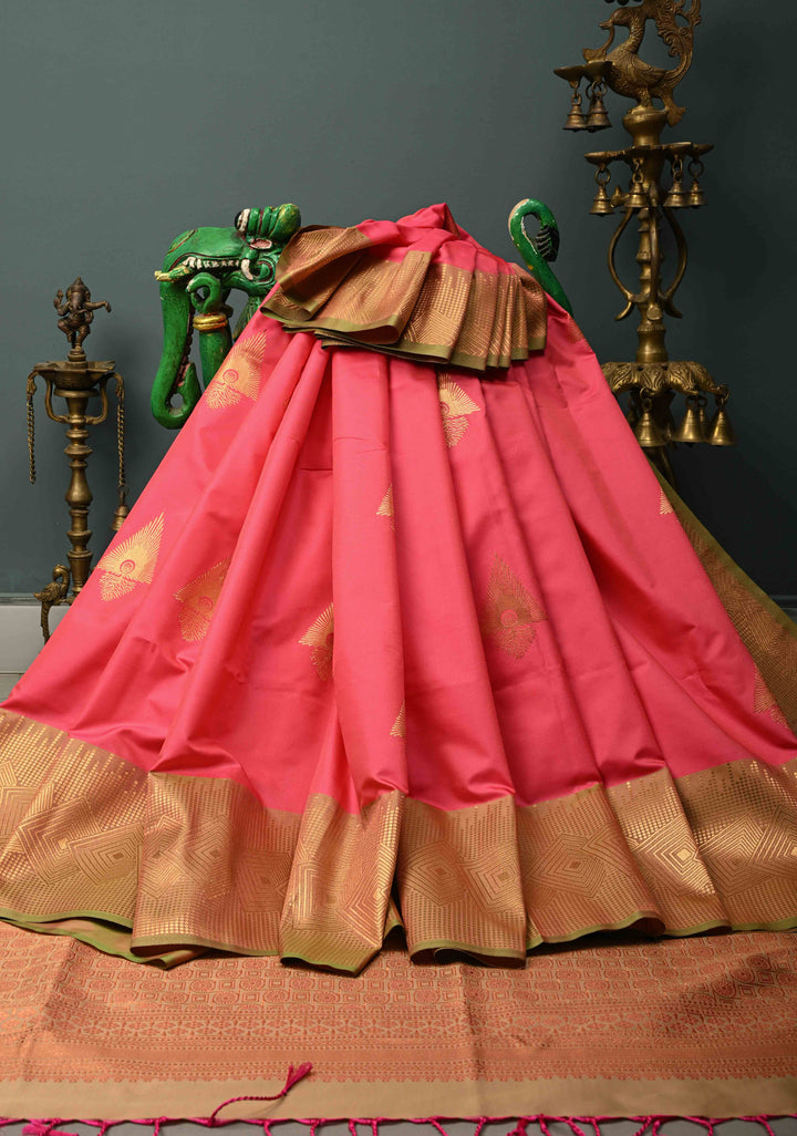 French Rose Kanchi Semi Silk Saree with Zari Buttas and Contrast Zari Border | SHOBITAM