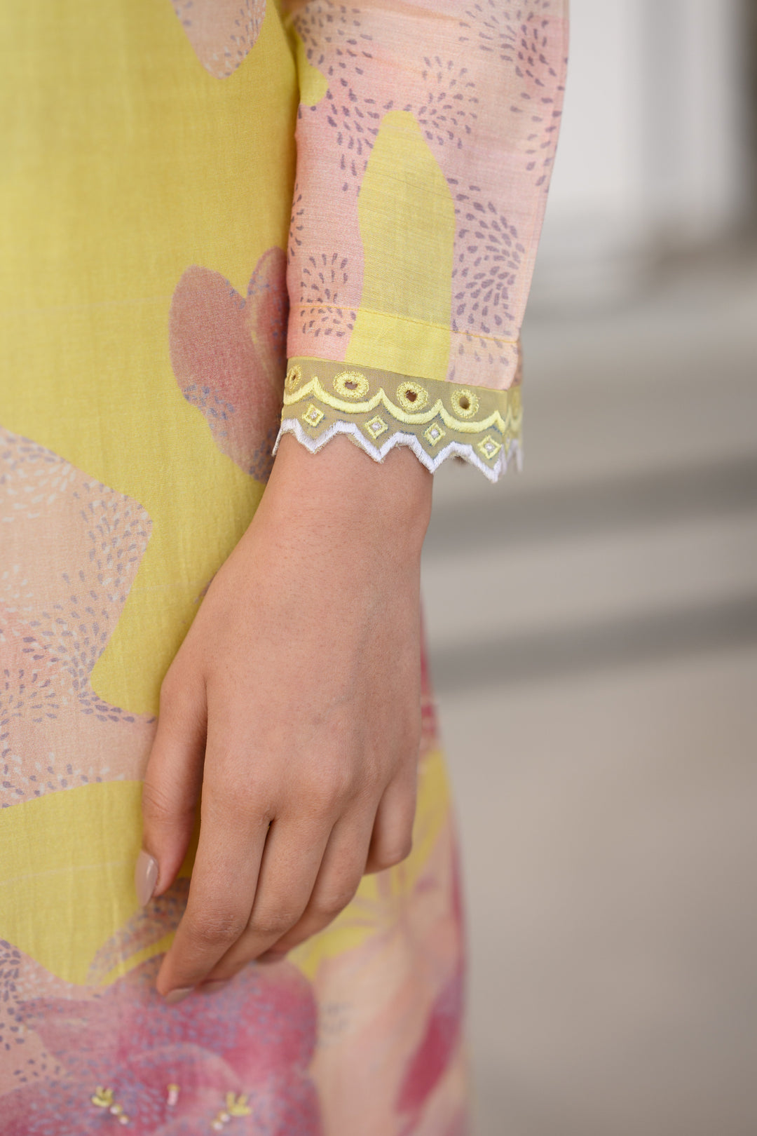 Yellow and Peach Cut Work Scallope Muslin Kurta with Organza Border Embroidered Scallope Pant Set | SHOBITAM
