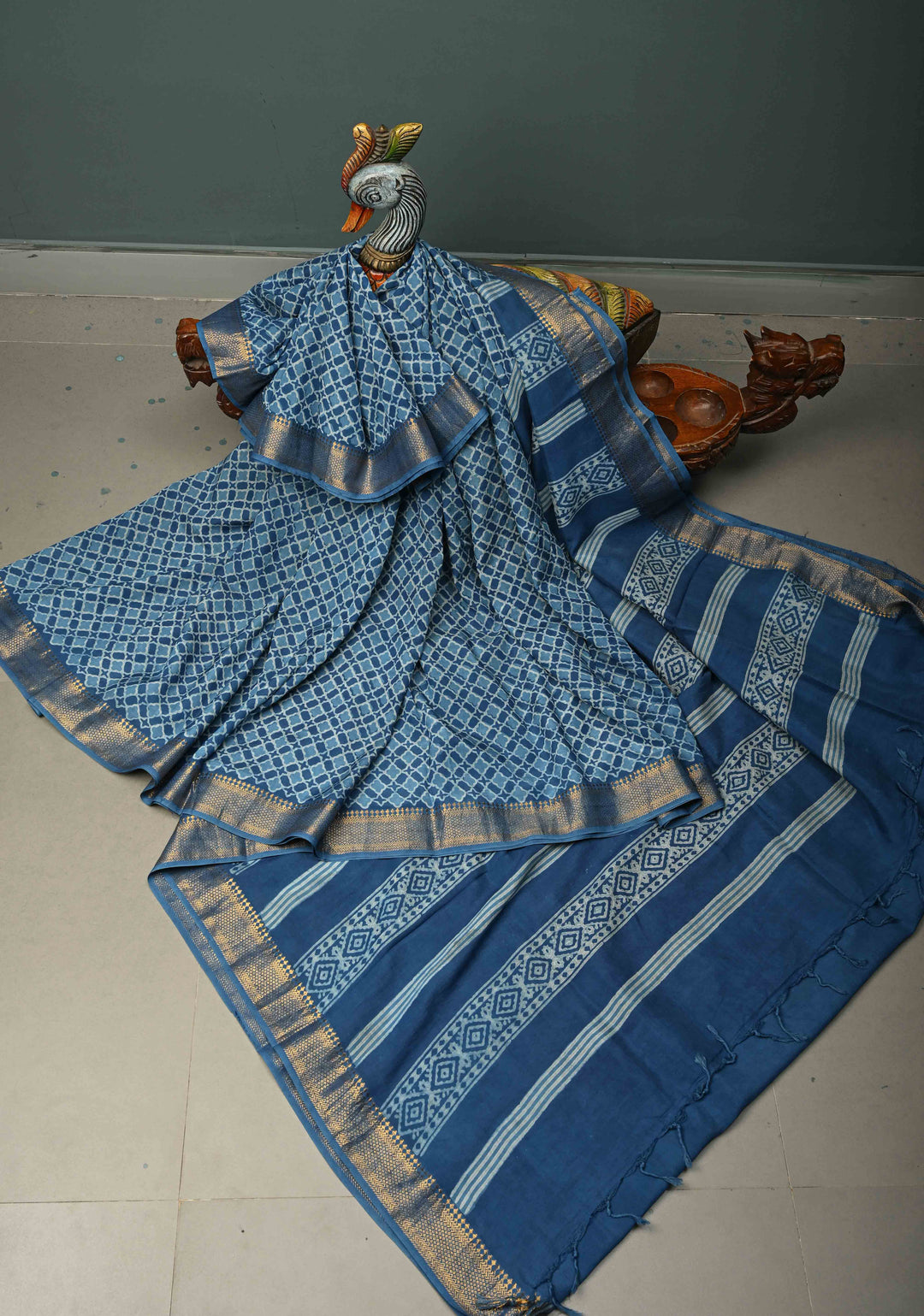 Indigo Mangalagiri Cotton Saree with Geometric Bagru Hand Block Print and Nizam Zari Border