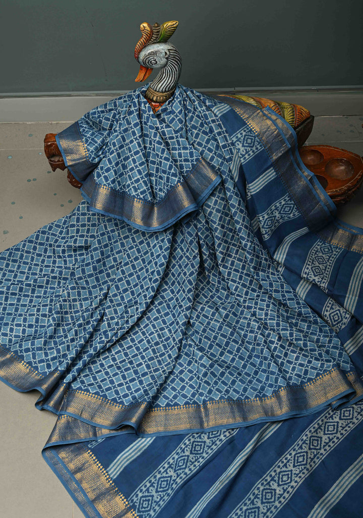 Indigo Mangalagiri Cotton Saree with Geometric Bagru Hand Block Print and Nizam Zari Border