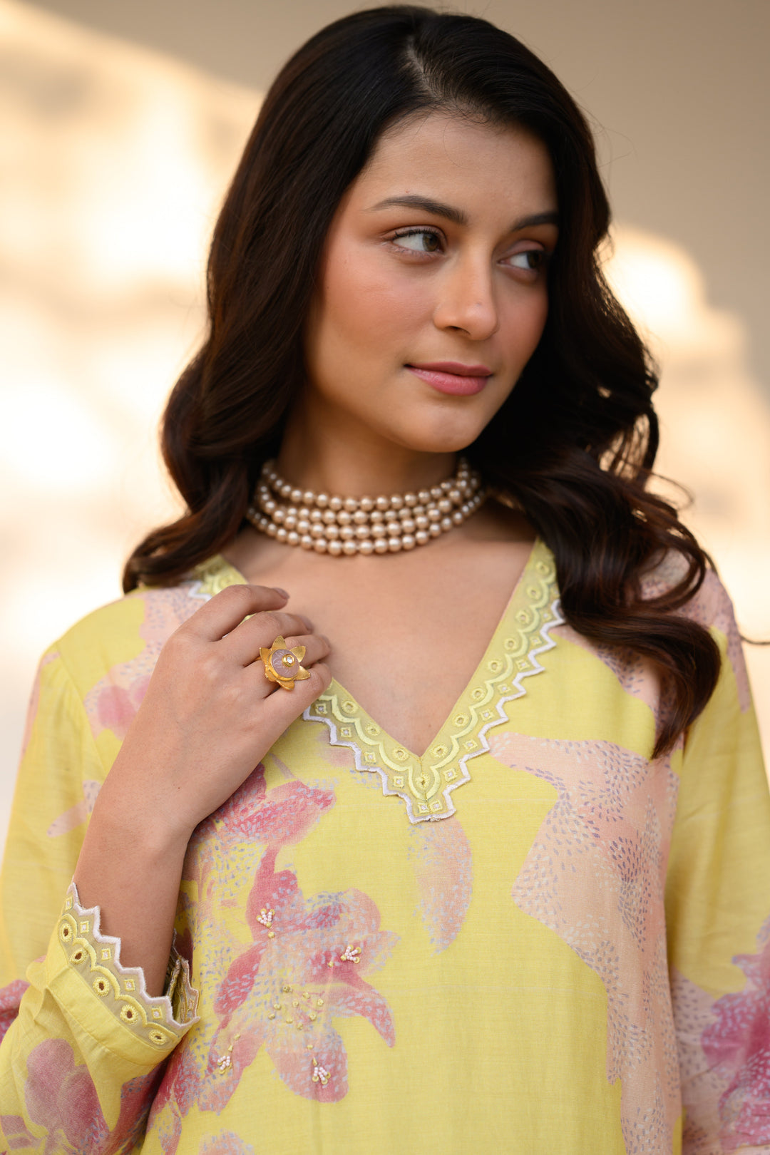 Yellow and Peach Cut Work Scallope Muslin Kurta with Organza Border Embroidered Scallope Pant Set | SHOBITAM