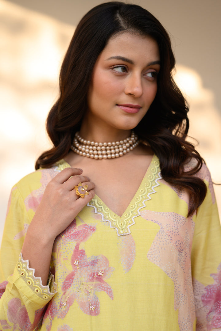 Yellow and Peach Cut Work Scallope Muslin Kurta with Organza Border Embroidered Scallope Pant Set | SHOBITAM