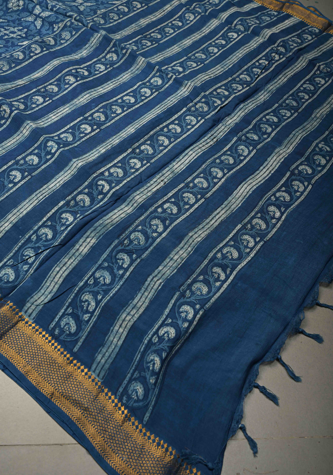 Indigo Mangalagiri  Cotton Saree with Geometric Bagru Hand Block Print and Nizam Zari Border | SHOBITAM