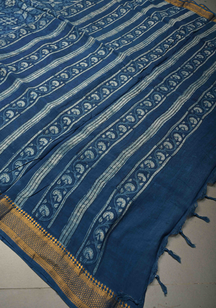 Indigo Mangalagiri  Cotton Saree with Geometric Bagru Hand Block Print and Nizam Zari Border | SHOBITAM