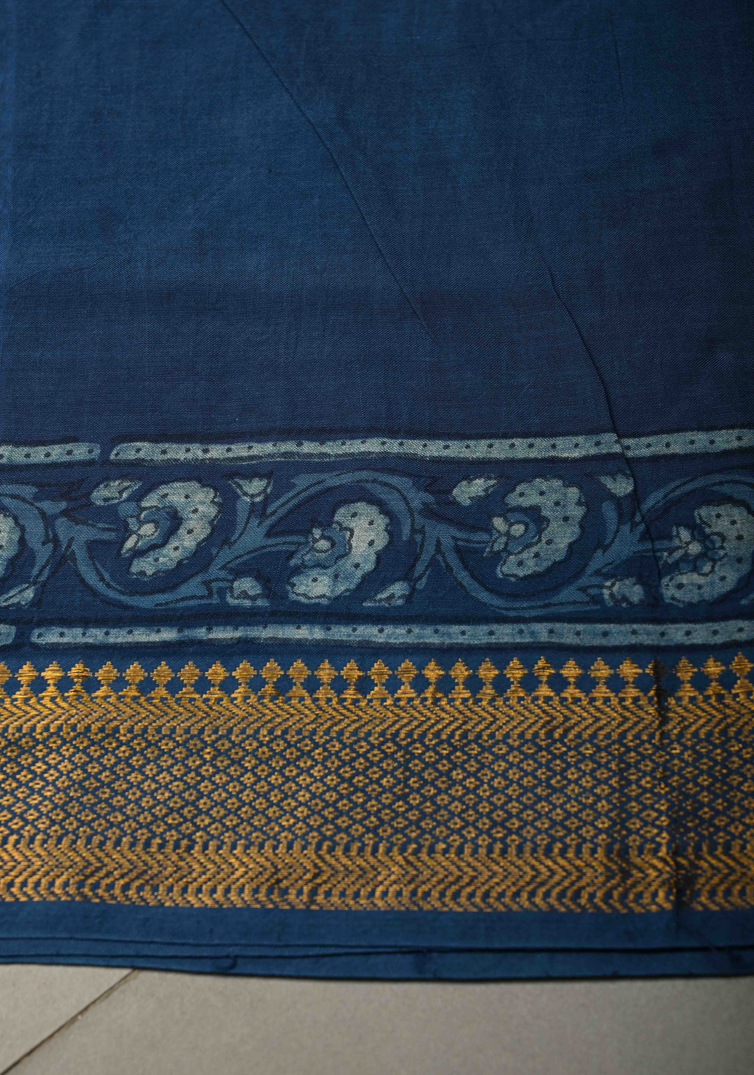 Indigo Mangalagiri  Cotton Saree with Geometric Bagru Hand Block Print and Nizam Zari Border | SHOBITAM