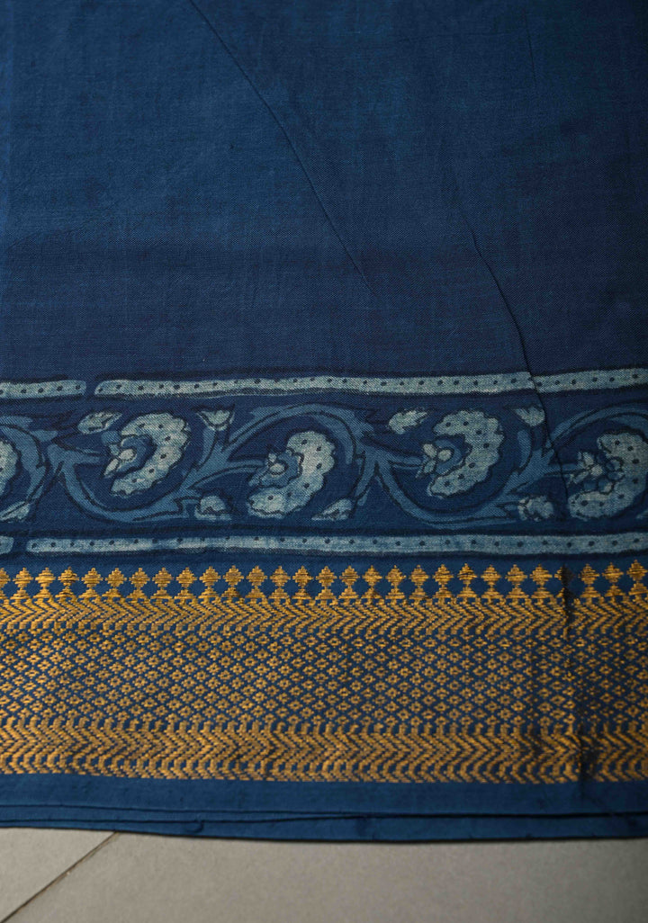 Indigo Mangalagiri  Cotton Saree with Geometric Bagru Hand Block Print and Nizam Zari Border | SHOBITAM