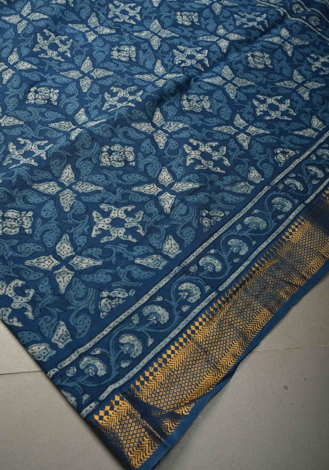 Indigo Mangalagiri  Cotton Saree with Geometric Bagru Hand Block Print and Nizam Zari Border | SHOBITAM
