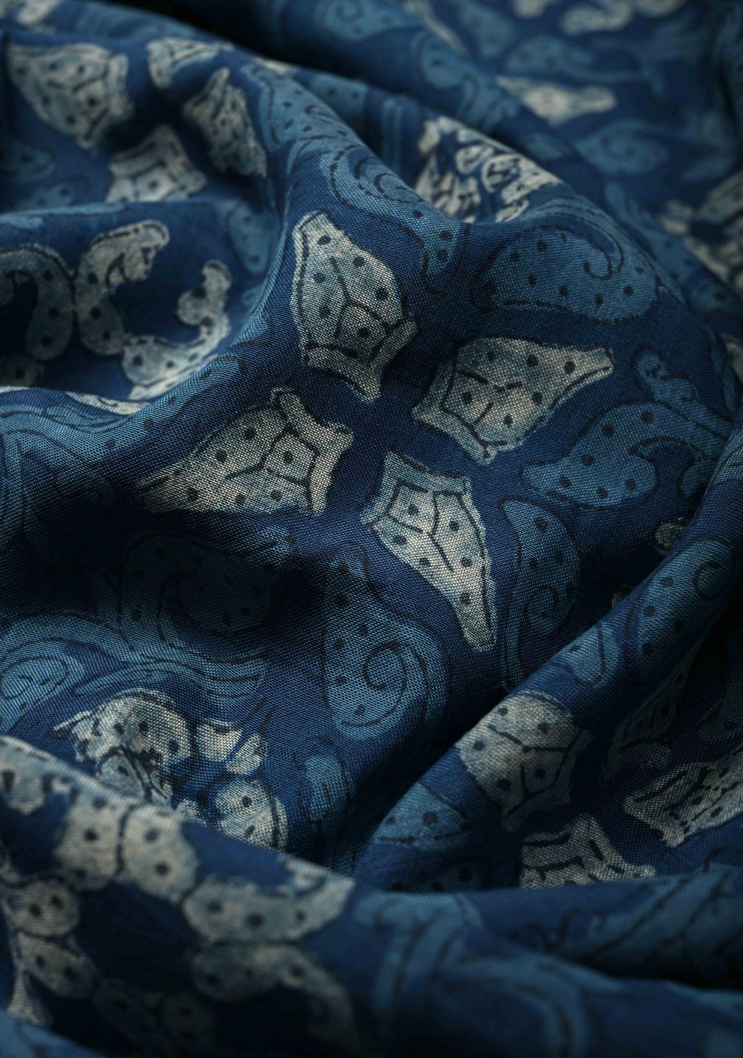 Indigo Mangalagiri  Cotton Saree with Geometric Bagru Hand Block Print and Nizam Zari Border | SHOBITAM