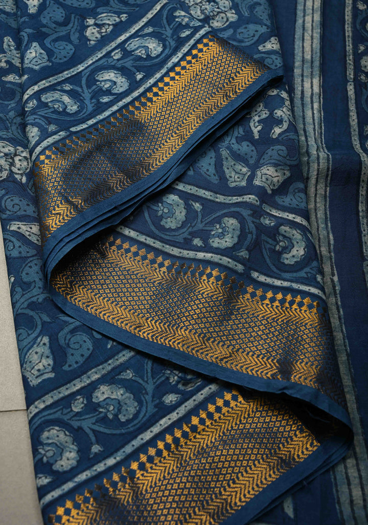 Indigo Mangalagiri  Cotton Saree with Geometric Bagru Hand Block Print and Nizam Zari Border | SHOBITAM