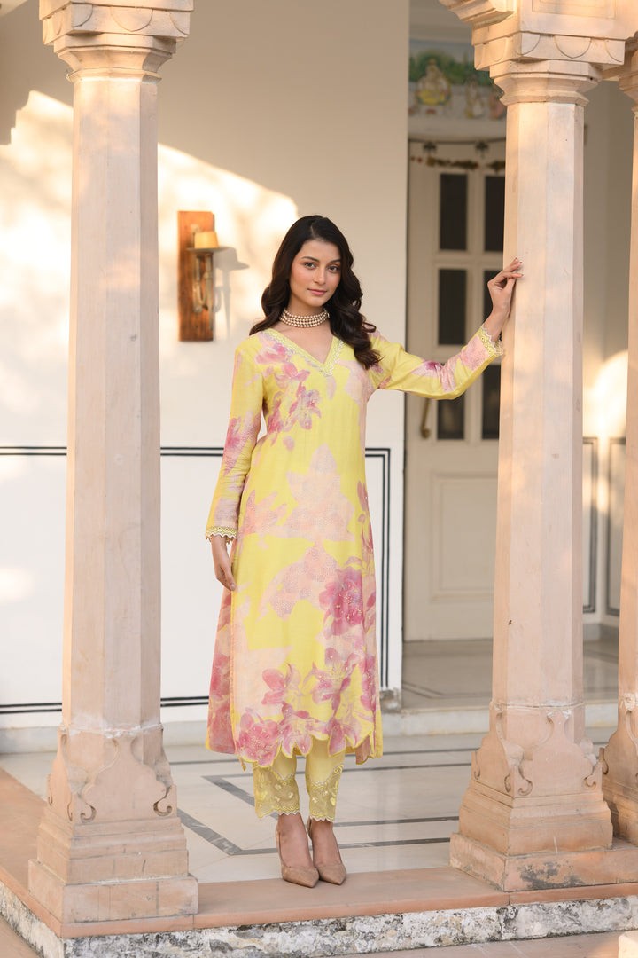 Yellow and Peach Cut Work Scallope Muslin Kurta with Organza Border Embroidered Scallope Pant Set | SHOBITAM