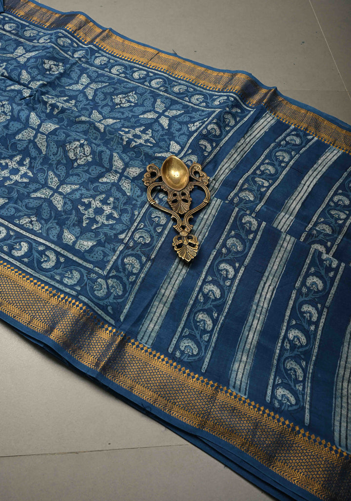 Indigo Mangalagiri  Cotton Saree with Geometric Bagru Hand Block Print and Nizam Zari Border | SHOBITAM