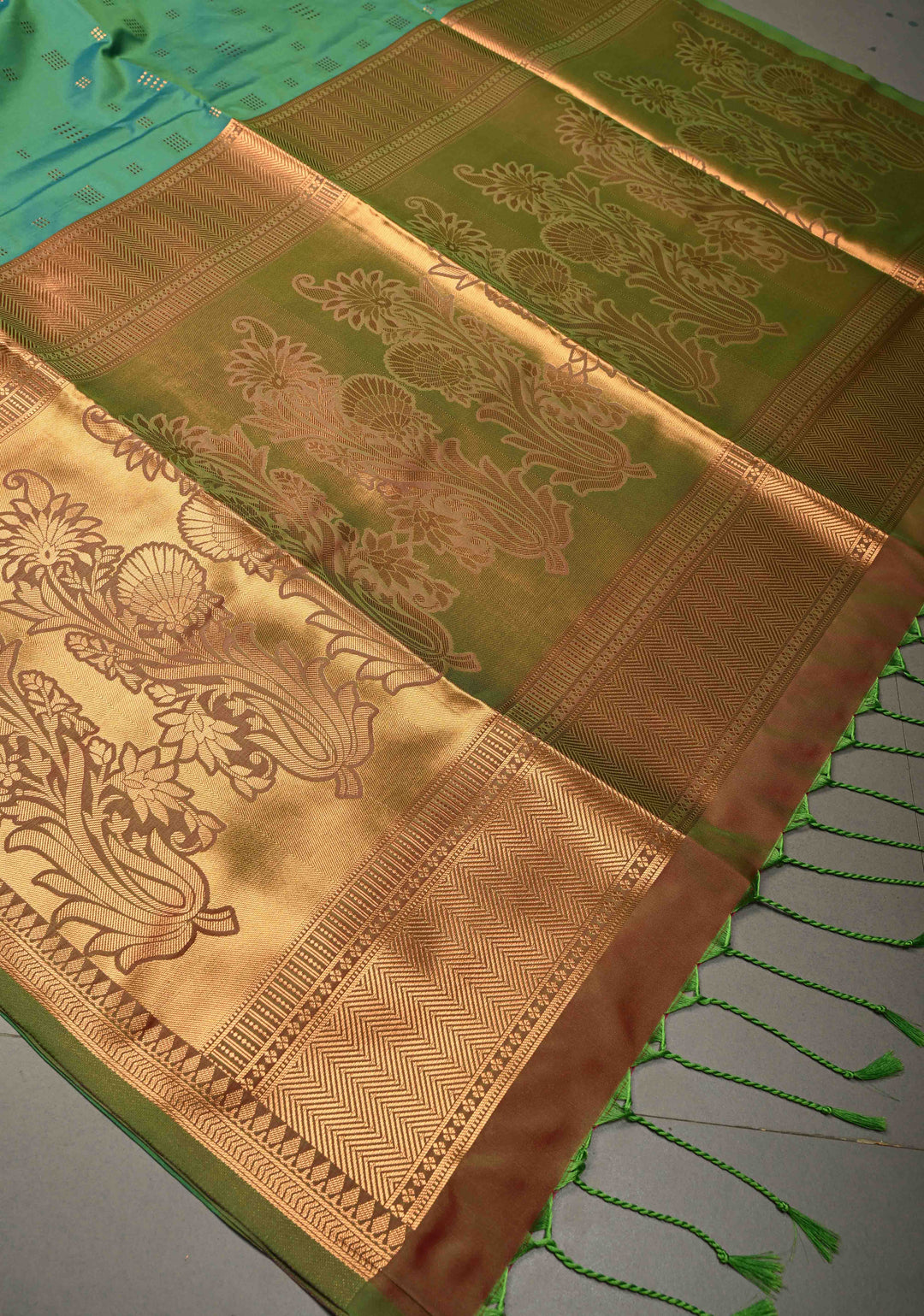 Green Dual tone Kanchi Semi Silk Saree with Zari Buttas and Mandala Motifs on Zari Border | SHOBITAM