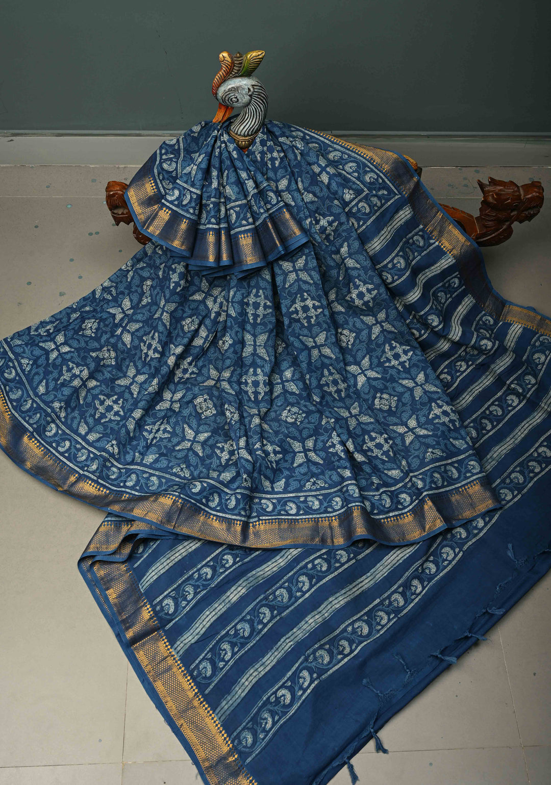 Indigo Mangalagiri  Cotton Saree with Geometric Bagru Hand Block Print and Nizam Zari Border | SHOBITAM