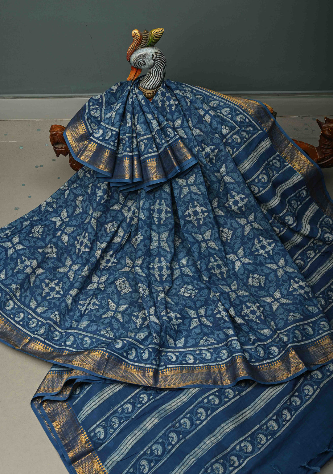 Indigo Mangalagiri  Cotton Saree with Geometric Bagru Hand Block Print and Nizam Zari Border | SHOBITAM