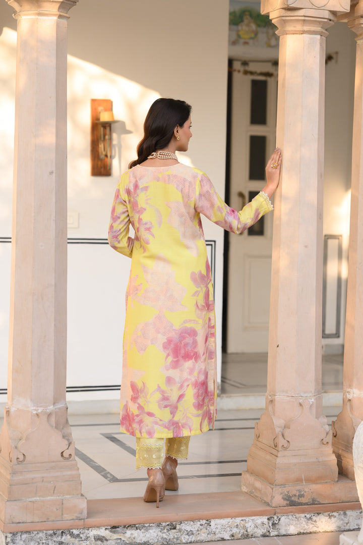 Yellow and Peach Cut Work Scallope Muslin Kurta with Organza Border Embroidered Scallope Pant Set | SHOBITAM