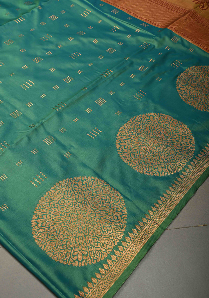 Green Dual tone Kanchi Semi Silk Saree with Zari Buttas and Mandala Motifs on Zari Border | SHOBITAM