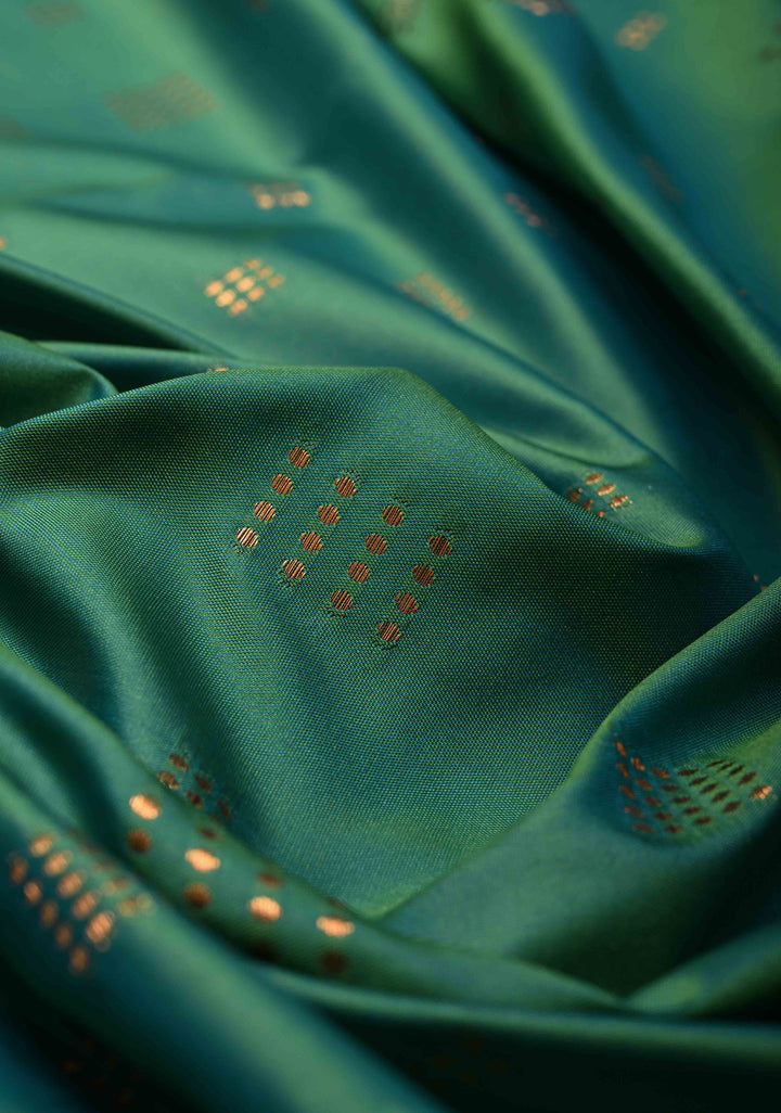 Green Dual tone Kanchi Semi Silk Saree with Zari Buttas and Mandala Motifs on Zari Border | SHOBITAM