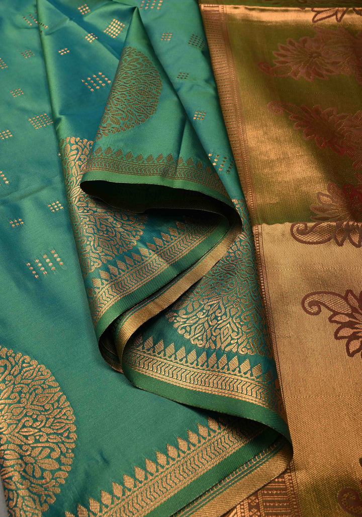 Green Dual tone Kanchi Semi Silk Saree with Zari Buttas and Mandala Motifs on Zari Border | SHOBITAM