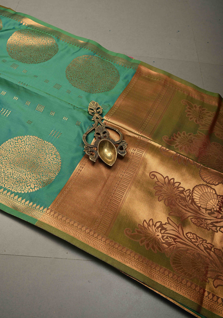Green Dual tone Kanchi Semi Silk Saree with Zari Buttas and Mandala Motifs on Zari Border | SHOBITAM