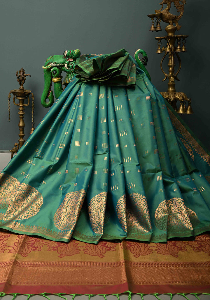 Green Dual tone Kanchi Semi Silk Saree with Zari Buttas and Mandala Motifs on Zari Border | SHOBITAM