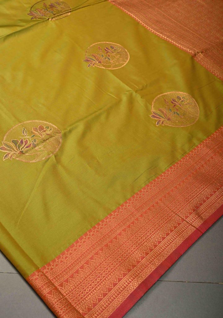 Lime Green Dual tone Kanchi Semi Silk Saree with Meenakari Mandala Buttas and Contrast Zari Border | SHOBITAM