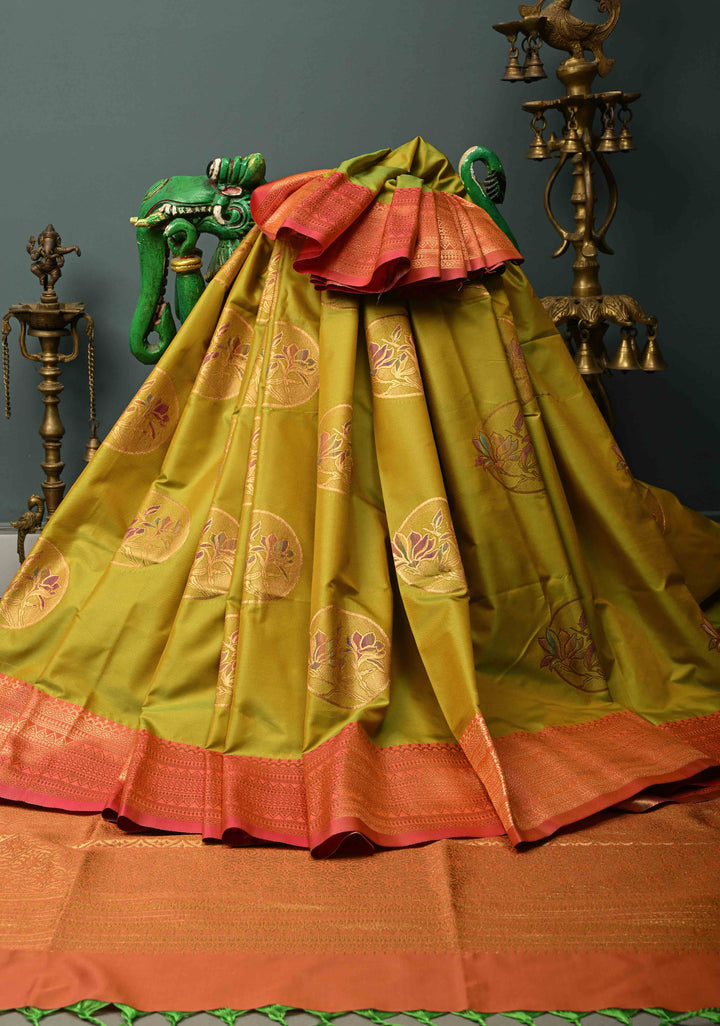 Lime Green Dual tone Kanchi Semi Silk Saree with Meenakari Mandala Buttas and Contrast Zari Border | SHOBITAM