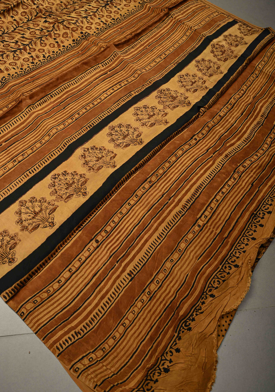 Mustard Modal Silk Saree with Vanaspati Vegetable Dye Hand Block Print | SHOBITAM