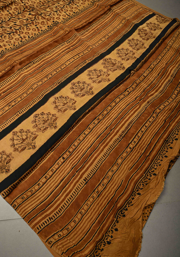 Mustard Modal Silk Saree with Vanaspati Vegetable Dye Hand Block Print | SHOBITAM