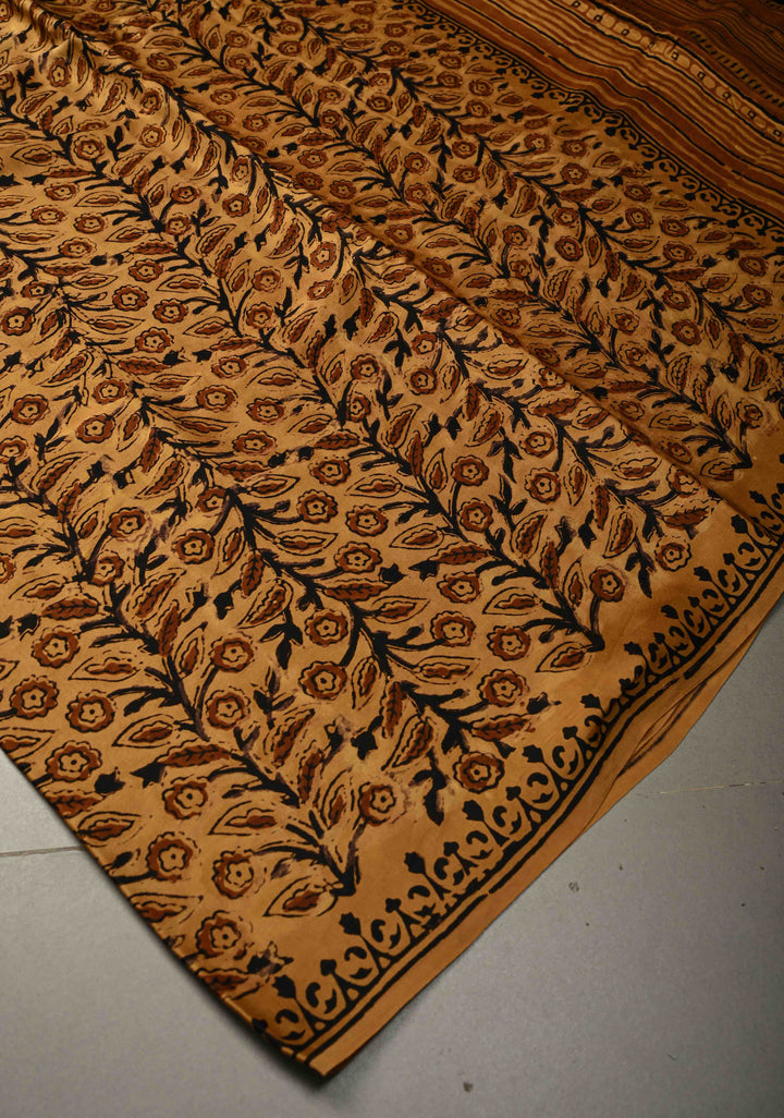 Mustard Modal Silk Saree with Vanaspati Vegetable Dye Hand Block Print | SHOBITAM