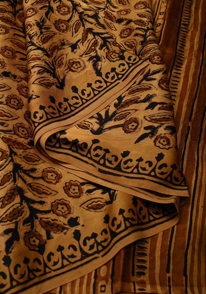 Mustard Modal Silk Saree with Vanaspati Vegetable Dye Hand Block Print | SHOBITAM