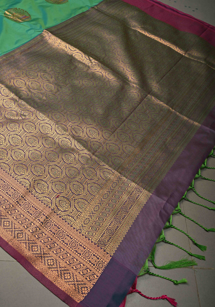 Green Kanchi Semi Silk Saree with Meenakari Mandala Buttas and Contrast Antique Zari Border | SHOBITAM