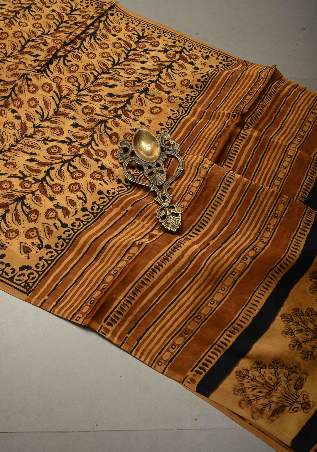 Mustard Modal Silk Saree with Vanaspati Vegetable Dye Hand Block Print | SHOBITAM