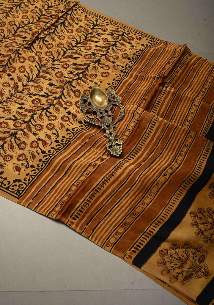 Mustard Modal Silk Saree with Vanaspati Vegetable Dye Hand Block Print | SHOBITAM