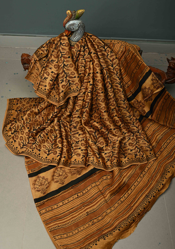 Mustard Modal Silk Saree with Vanaspati Vegetable Dye Hand Block Print | SHOBITAM
