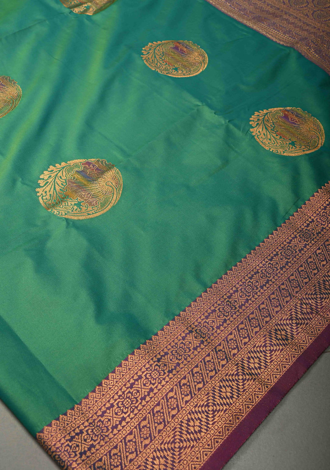 Green Kanchi Semi Silk Saree with Meenakari Mandala Buttas and Contrast Antique Zari Border | SHOBITAM