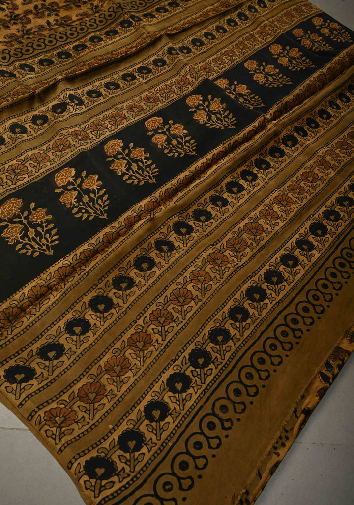 Mustard Modal Silk Saree with Vanaspati Vegetable Dye Hand Block Print | SHOBITAM