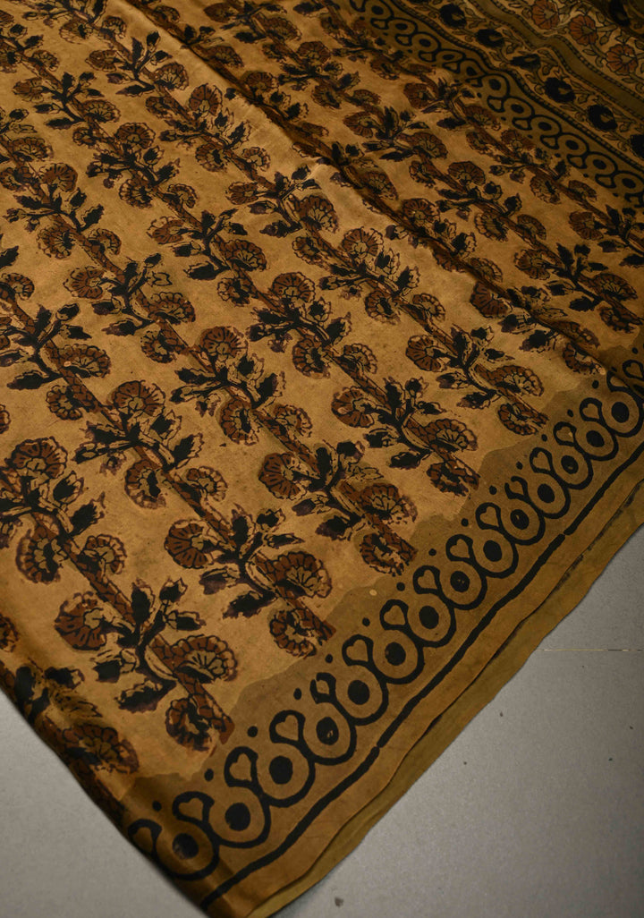Mustard Modal Silk Saree with Vanaspati Vegetable Dye Hand Block Print | SHOBITAM