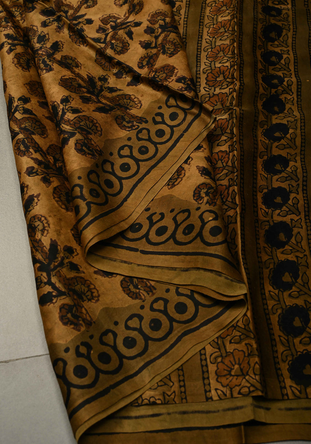 Mustard Modal Silk Saree with Vanaspati Vegetable Dye Hand Block Print | SHOBITAM