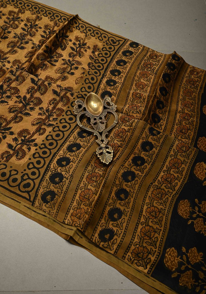 Mustard Modal Silk Saree with Vanaspati Vegetable Dye Hand Block Print | SHOBITAM
