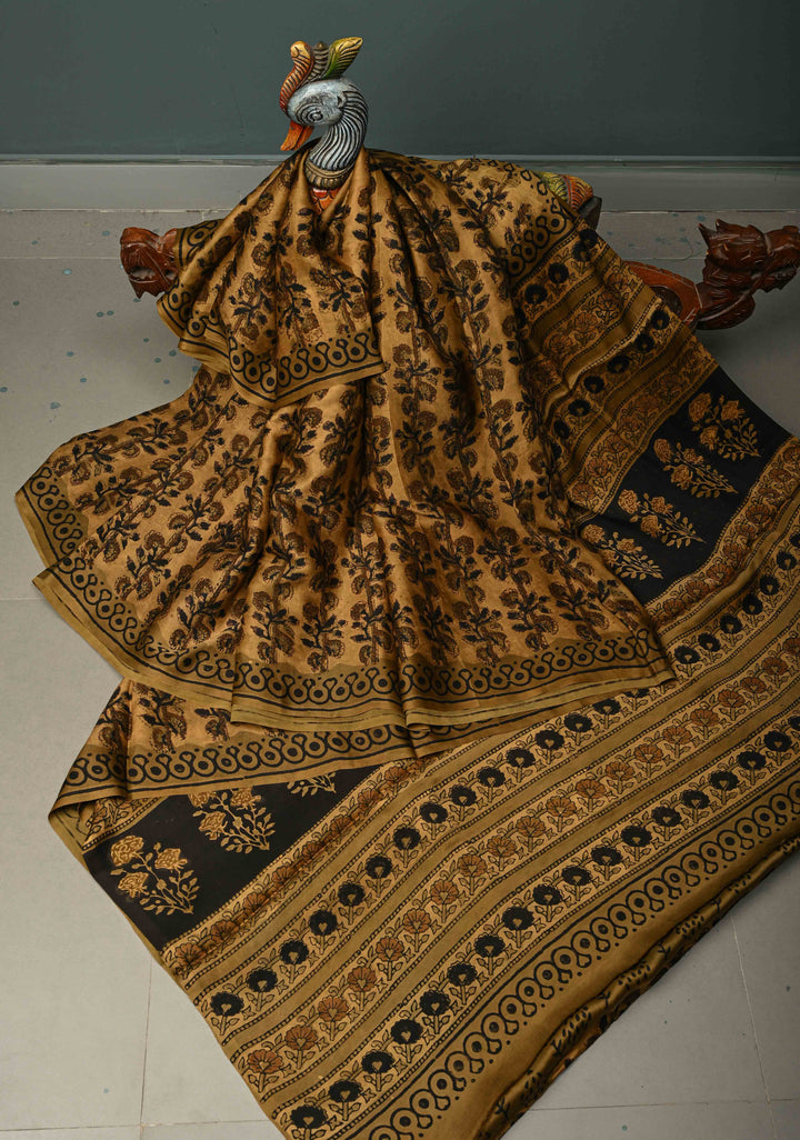 Mustard Modal Silk Saree with Vanaspati Vegetable Dye Hand Block Print | SHOBITAM