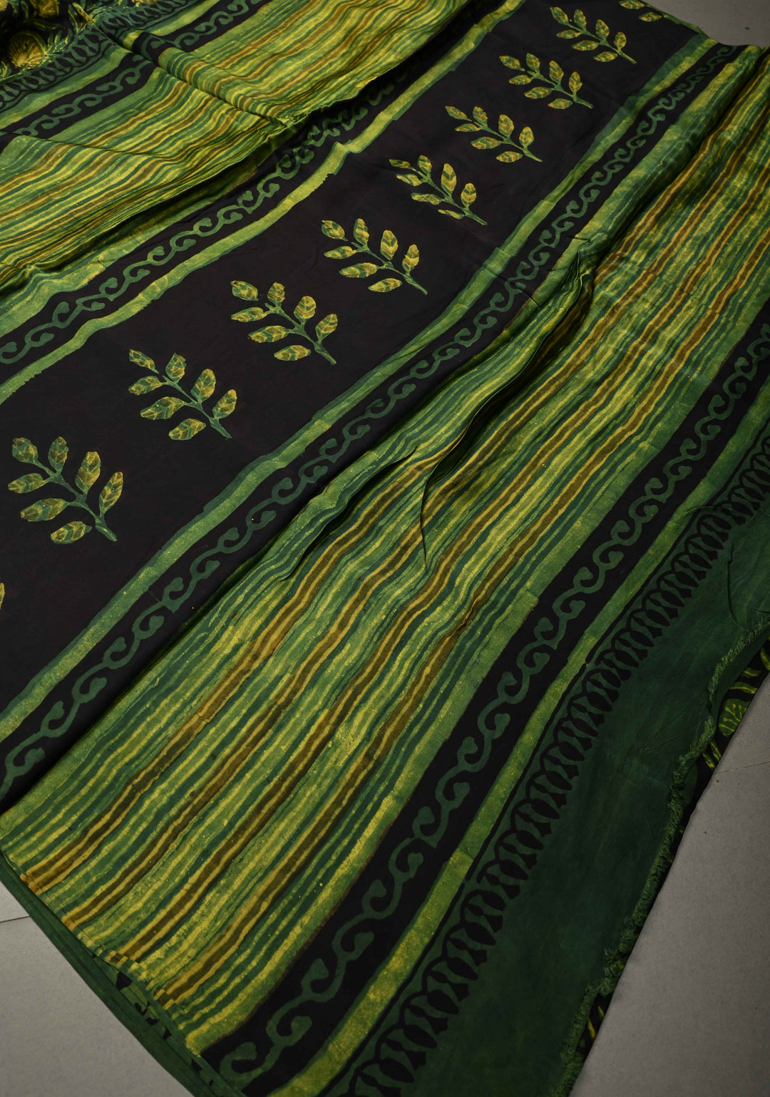 Henna Green Vanaspati Hand Block Print on Modal Silk Saree | SHOBITAM