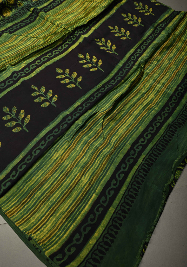 Henna Green Vanaspati Hand Block Print on Modal Silk Saree | SHOBITAM